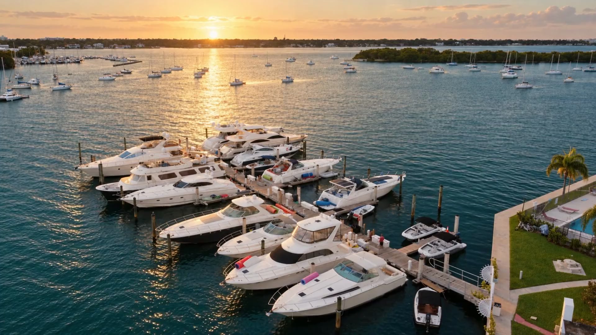 Golden-hour view of Harbor West and Biscayne Bay